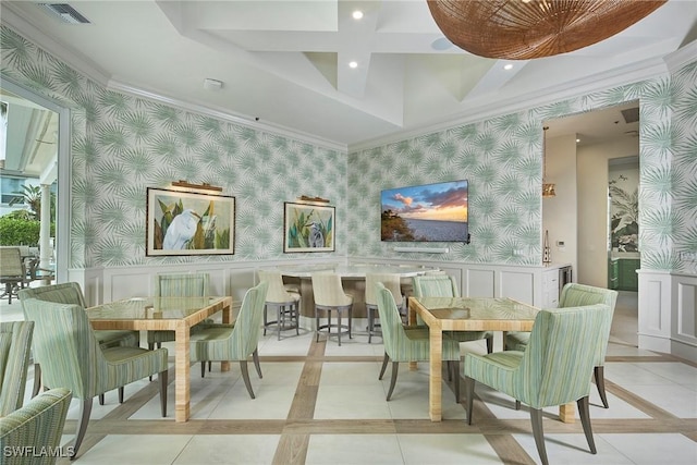 231 Colonade Cir, Naples, FL 34103 - dining room featuring wallpapered walls, inlaid floor details, recessed lighting, crown molding, and a wainscoted wall