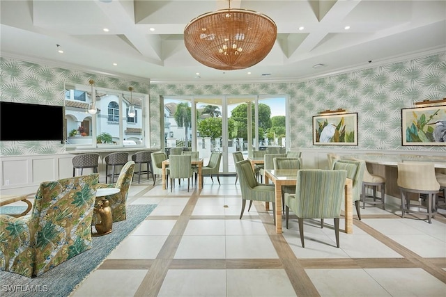 231 Colonade Cir, Naples, FL 34103 - dining space with wallpapered walls, coffered ceiling, beam ceiling, and inlaid floor details
