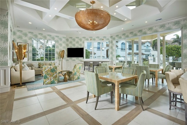 231 Colonade Cir, Naples, FL 34103 - dining area with wallpapered walls, coffered ceiling, inlaid floor details, recessed lighting, and beamed ceiling