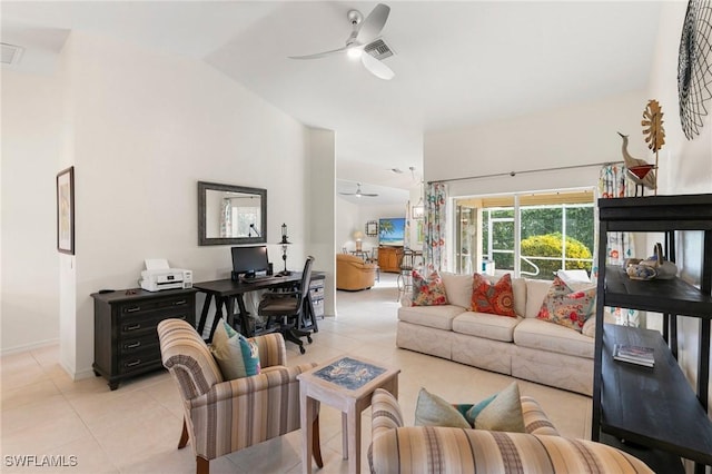 tiled living room featuring vaulted ceiling and ceiling fan