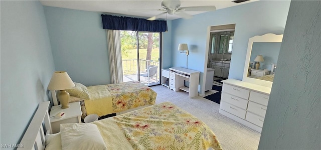 bedroom with access to outside, ensuite bath, ceiling fan, and light colored carpet