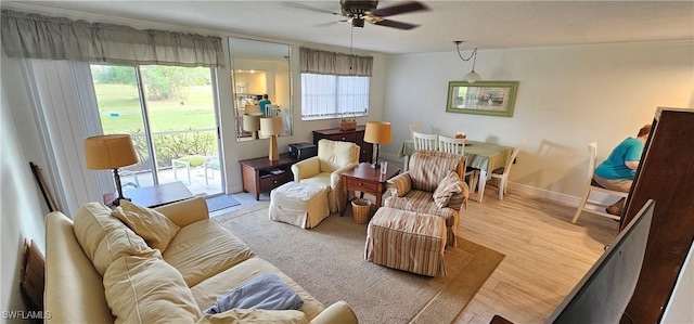 living room featuring ceiling fan, light hardwood / wood-style flooring, and crown molding