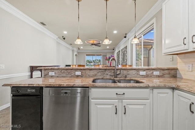 kitchen featuring sink, white cabinetry, light stone counters, stainless steel dishwasher, and ceiling fan