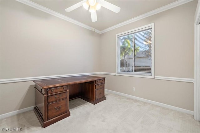 unfurnished office with crown molding, light carpet, and ceiling fan