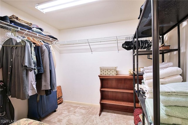 walk in closet featuring light carpet