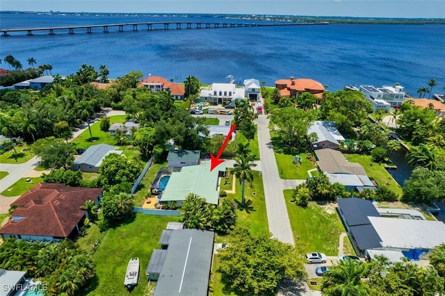 drone / aerial view featuring a water view