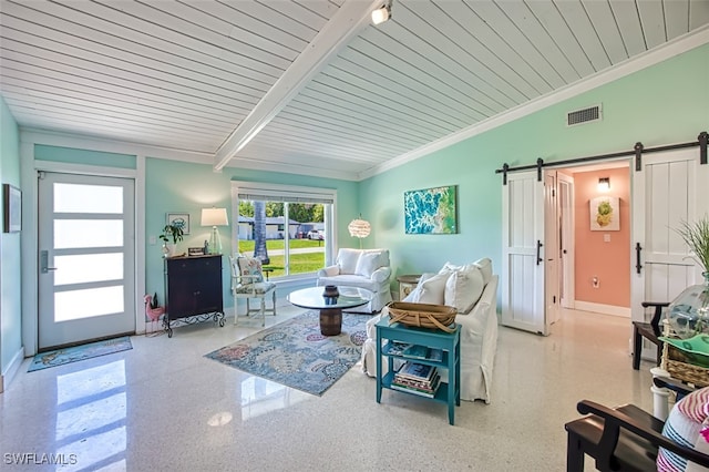 living room with a barn door, crown molding, wood ceiling, and vaulted ceiling with beams