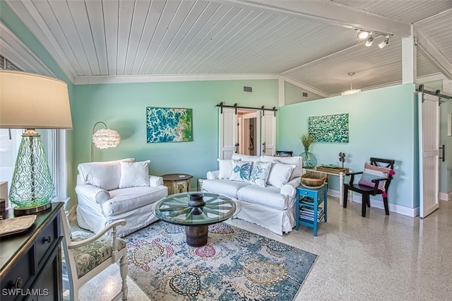 living room featuring rail lighting, a barn door, vaulted ceiling with beams, crown molding, and wood ceiling