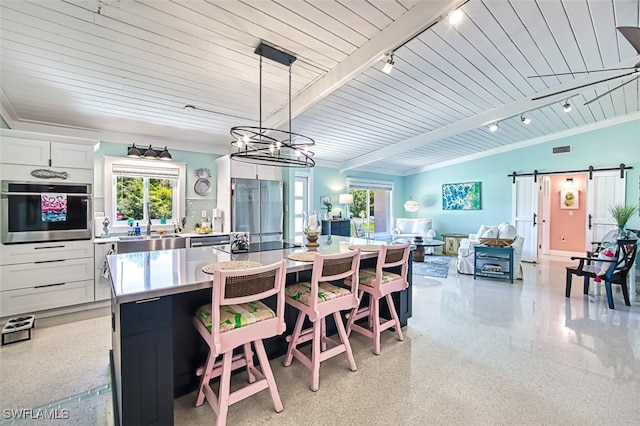 kitchen with white cabinets, appliances with stainless steel finishes, a barn door, and a wealth of natural light