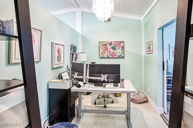 home office with lofted ceiling, wood ceiling, ornamental molding, and a chandelier