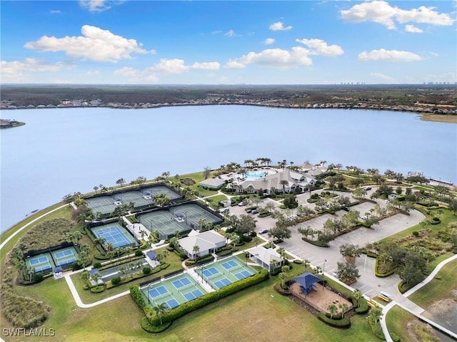 bird's eye view with a water view