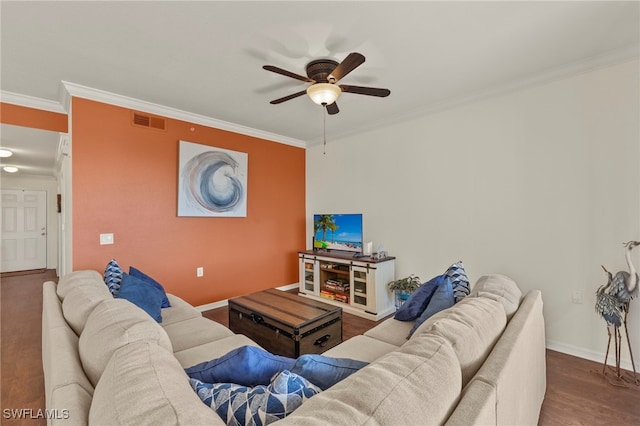 living room featuring hardwood / wood-style floors, ceiling fan, and ornamental molding