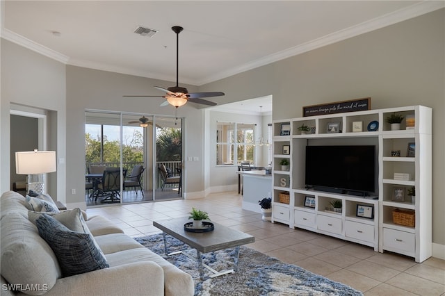 tiled living room featuring ceiling fan and crown molding