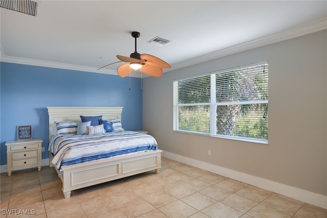 bedroom with light tile patterned floors, ceiling fan, and crown molding