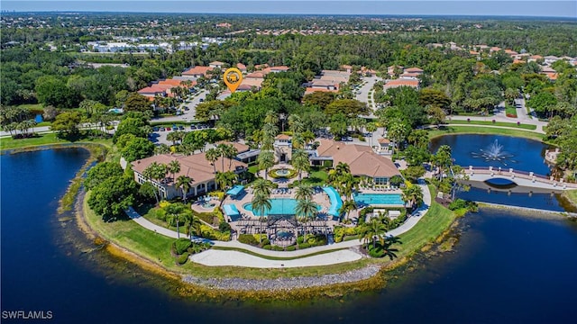 drone / aerial view featuring a water view