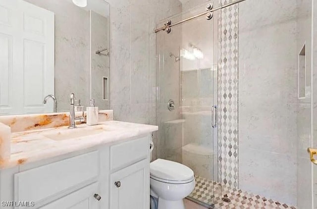 bathroom with vanity, toilet, and walk in shower