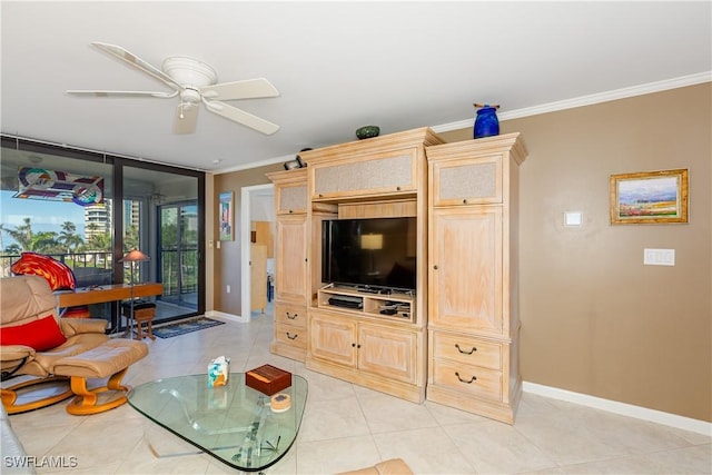 living room featuring light tile patterned floors, ceiling fan, and crown molding