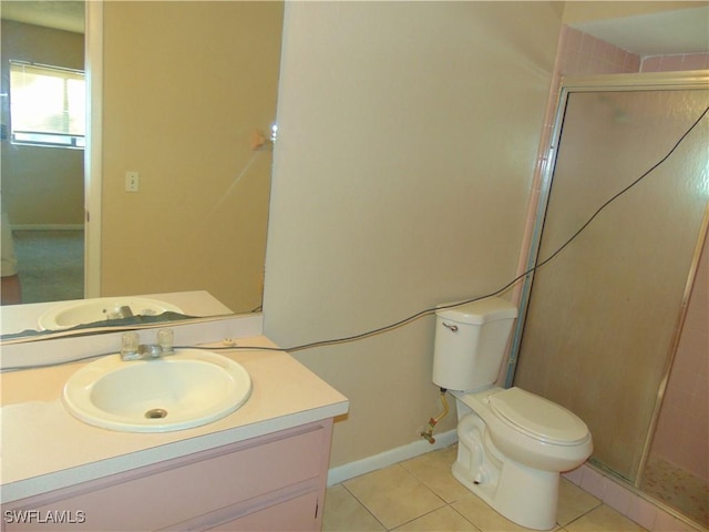 bathroom with tile patterned flooring, vanity, toilet, and a shower with shower door