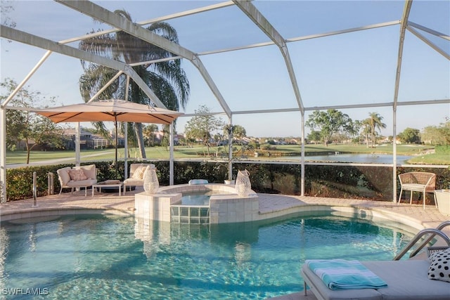 view of swimming pool featuring a patio, a hot tub, a water view, and glass enclosure