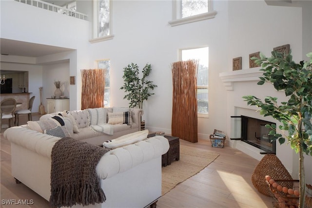 living room with a high ceiling, a healthy amount of sunlight, and light hardwood / wood-style flooring