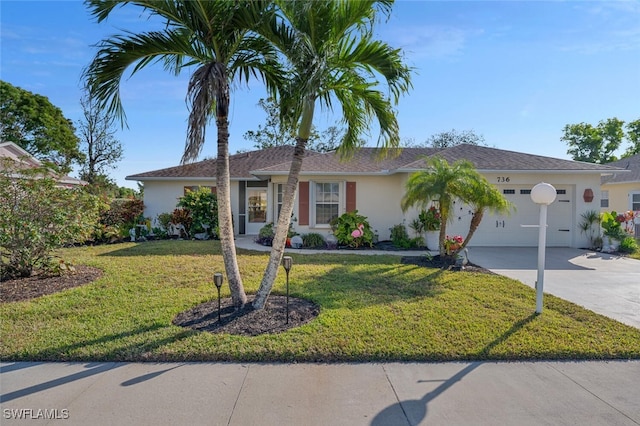 single story home featuring a garage and a front yard