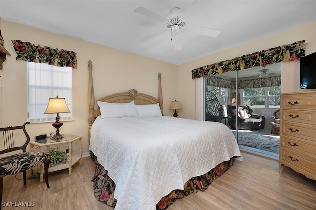 bedroom with access to outside, ceiling fan, and light hardwood / wood-style floors