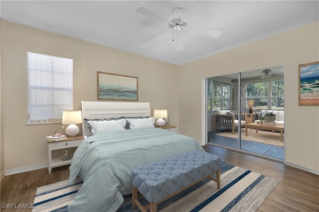 bedroom with hardwood / wood-style floors and ceiling fan