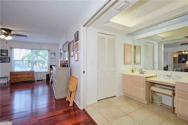 bathroom with ceiling fan, vanity, and hardwood / wood-style floors