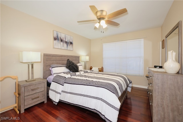 bedroom featuring ceiling fan and dark hardwood / wood-style flooring