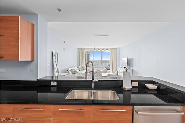 kitchen featuring dark stone countertops, sink, and stainless steel dishwasher