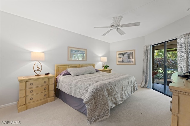 carpeted bedroom featuring ceiling fan and access to exterior