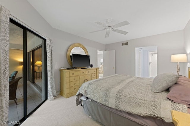 carpeted bedroom with ceiling fan and access to exterior