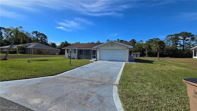 ranch-style house with a front yard and a garage