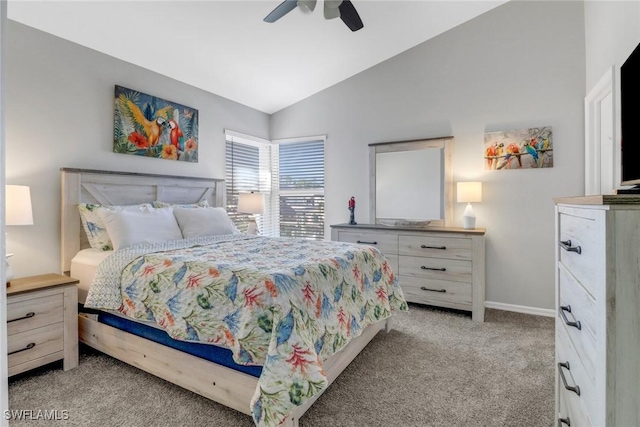 carpeted bedroom featuring ceiling fan and lofted ceiling