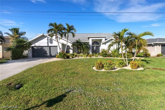 view of front of house with a front yard and a garage