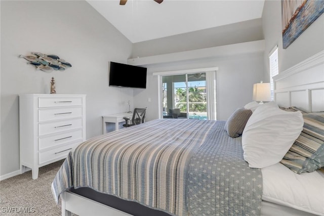 bedroom featuring access to outside, ceiling fan, light carpet, and vaulted ceiling