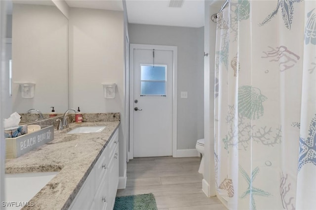 bathroom featuring vanity, wood-type flooring, and toilet