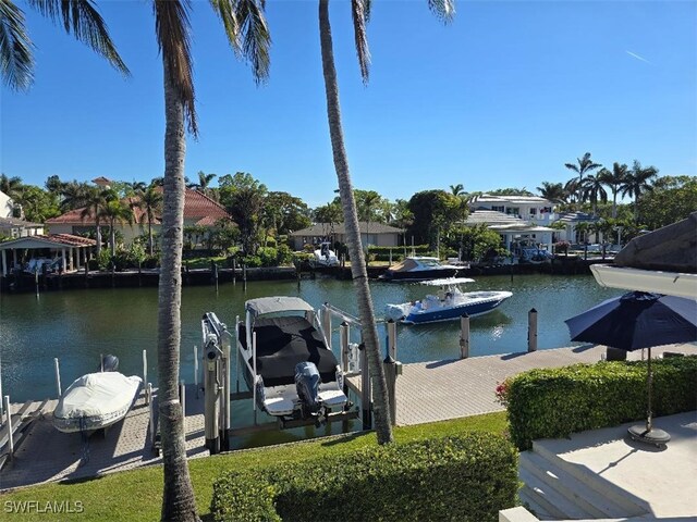 view of dock with a water view and boat lift