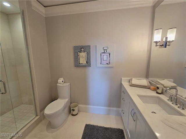 bathroom with baseboards, toilet, tile patterned flooring, vanity, and a shower stall