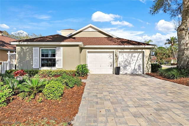 ranch-style home featuring stucco siding, decorative driveway, and an attached garage