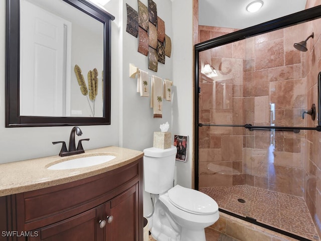 bathroom featuring toilet, a shower stall, and vanity