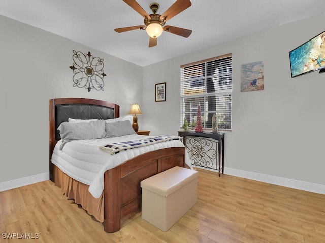 bedroom featuring ceiling fan and light hardwood / wood-style floors