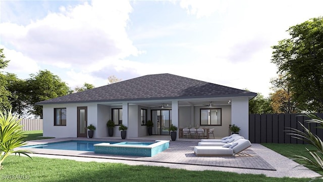 rear view of property with outdoor lounge area, a patio, ceiling fan, and a pool with hot tub