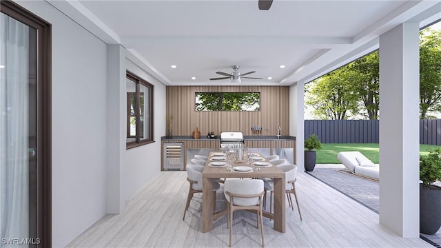 exterior space with ceiling fan, plenty of natural light, and light wood-type flooring