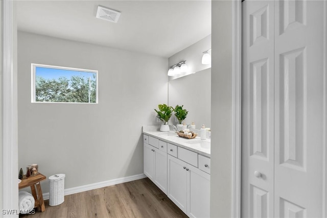 bathroom featuring vanity and hardwood / wood-style flooring