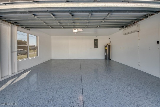 garage featuring an AC wall unit, electric panel, and water heater