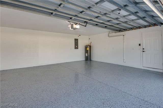 garage with electric panel, electric water heater, and a garage door opener