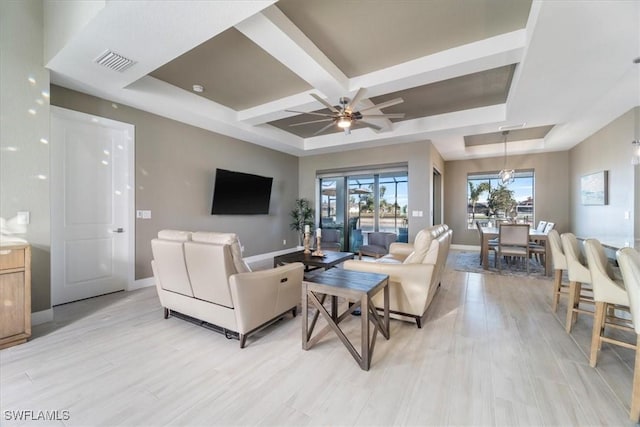 living room with visible vents, coffered ceiling, a ceiling fan, and baseboards