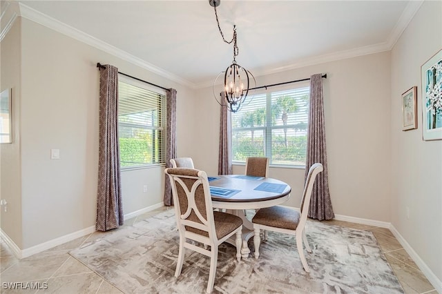 dining room featuring crown molding, a wealth of natural light, and a chandelier