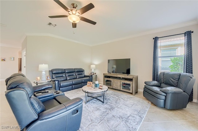 tiled living room featuring ceiling fan and ornamental molding